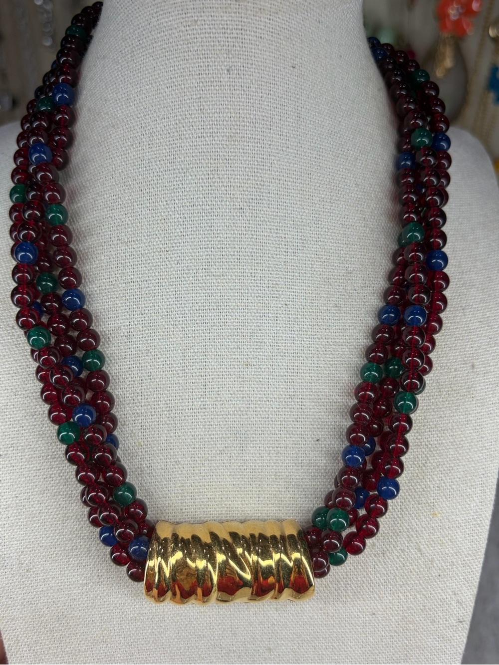 Vintage Beaded Necklace Gold Tone Pendant Rich Jewel Colors Statement Jewelry